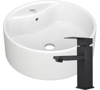 Раковина для ванной накладная круглая Bauedge BAU Element D40, с отверстием под смеситель, белая + смеситель Hotel Black, черный BH1220