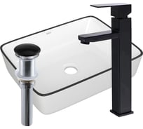 Раковина прямоугольная накладная со смесителем и выпуском Bauedge BAU Hotel (48x37, белая + смеситель Hotel Black, черный, выпуск клик-клак черный) BH1127