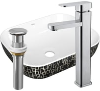 Раковина прямоугольная накладная со смесителем и выпуском Bauedge BAU Stil (50x40, белая/черная + смеситель Hotel Still, нер. сталь, выпуск клик-клак хром) BH1145