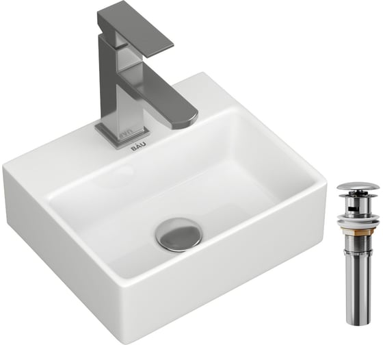 Раковина прямоугольная накладная со смесителем и выпуском Bauedge BAU Cerama Mini (33x28 + смеситель Hotel Still, нержавеющая сталь, выпуск) BH1259 1