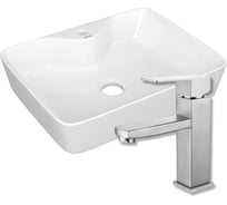 Раковина прямоугольная накладная Bauedge BAU Cerama 48x37, с отверстием под смеситель, белая + смеситель Hotel Still, нержавеющая сталь BH1233