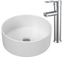 Раковина накладная со смесителем Bauedge BAU Dream (круглая D41, белая + смеситель для раковины высокий Diadonna Dream, латунь, хром) BL1006