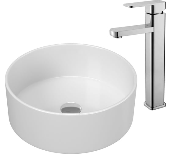 Раковина накладная со смесителем Bauedge BAU Dream (круглая D41, белая + смеситель для раковины высокий Potato Hotel, хром) BL1005 1