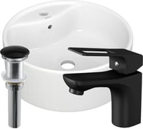 Раковина накладная со смесителем и выпуском Bauedge BAU (D40 белая + смеситель Cerama Black, черный, выпуск клик-клак черный) BH1248