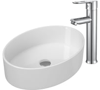 Раковина накладная со смесителем Bauedge BAU Nimb (овальная 50x36, белая + смеситель для раковины высокий Diadonna Dream, латунь, хром) BN0006