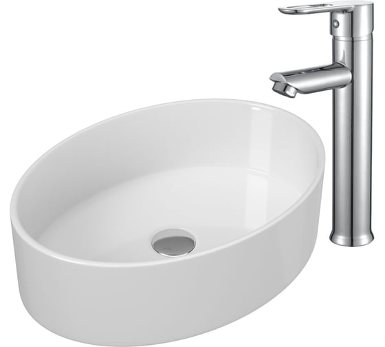 Раковина накладная со смесителем Bauedge BAU Nimb (овальная 50x36, белая + смеситель для раковины высокий Diadonna Dream, латунь, хром) BN0006 1