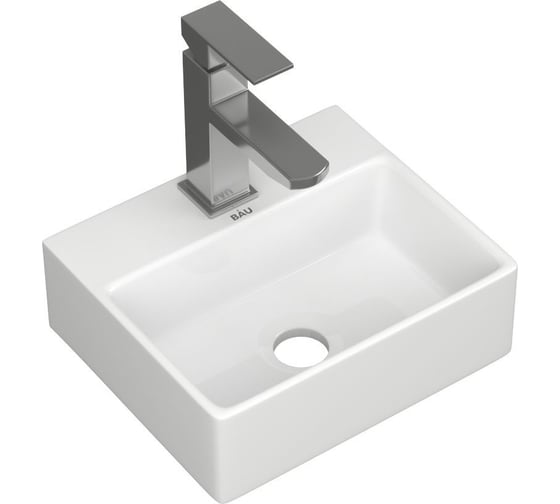 Раковина накладная прямоугольная со смесителем Bauedge BAU Cerama Mini (33x28, с отверстием, белая + смеситель Hotel Still, нержавеющая сталь) BH1251 1