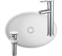 Раковина со смесителем и выпуском Bauedge (Умывальник на столешницу BAU Nimb овальный 50x36, белый, смеситель для раковины высокий Diadonna Dream, латунь, выпуск клик клак, белый) BN0010