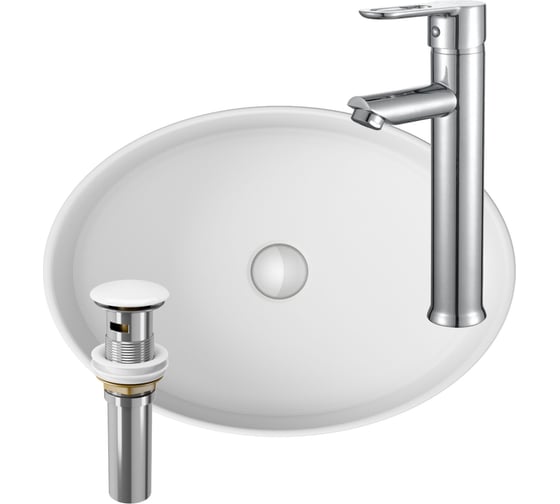 Раковина со смесителем и выпуском Bauedge (Умывальник на столешницу BAU Nimb овальный 50x36, белый, смеситель для раковины высокий Diadonna Dream, латунь, выпуск клик клак, белый) BN0010 1