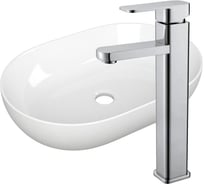 Раковина овальная накладная на столешницу Bauedge BAU Nimb 59x40, белая, смеситель для раковины высокий Hotel Still, нержавеющая сталь YBD2439