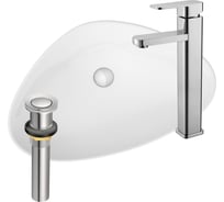 Раковина накладная со смесителем и выпуском Bauedge (Умывальник BAU Triangle 59x39, белый + смеситель для раковины высокий Potato Hotel, выпуск клик клак, хром) BT1007