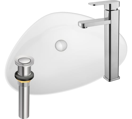 Раковина накладная со смесителем и выпуском Bauedge (Умывальник BAU Triangle 59x39, белый + смеситель для раковины высокий Potato Hotel, выпуск клик клак, хром) BT1007 1