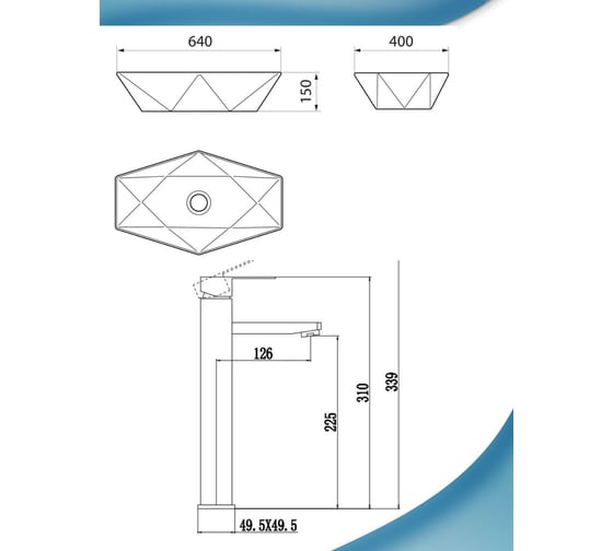 Раковина накладная на столешницу Bauedge BAU Crystal 64x40, мрамор, смеситель для раковины высокий Hotel Black, черный YBD2454