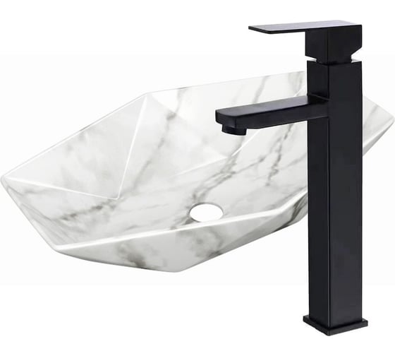 Раковина накладная на столешницу Bauedge BAU Crystal 64x40, мрамор, смеситель для раковины высокий Hotel Black, черный YBD2454
