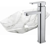 Раковина накладная на столешницу Bauedge BAU Crystal 64x40, мрамор, смеситель для раковины высокий Hotel Still, нержавеющая сталь YBD2455