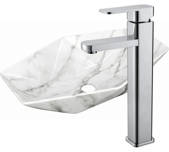 Раковина накладная на столешницу Bauedge BAU Crystal 64x40, мрамор, смеситель для раковины высокий Hotel Still, нержавеющая сталь YBD2455 1