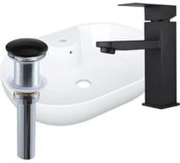 Раковина накладная со смесителем и выпуском Bauedge BAU Nimb (60x42, с отверстием, белая + смеситель Hotel Black, выпуск клик-клак черный) YBD2499