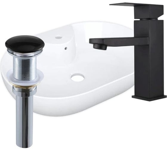 Раковина накладная со смесителем и выпуском Bauedge BAU Nimb (60x42, с отверстием, белая + смеситель Dream Black, выпуск клик-клак черный) YBD2503 1