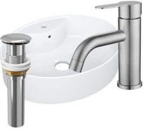 Раковина накладная со смесителем и выпуском Bauedge BAU Nimb (51x41, с отверстием, белая + смеситель Dream, нерж. сталь, выпуск клик-клак хром) YBD2486