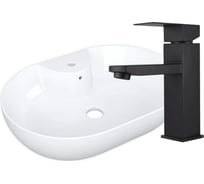 Раковина накладная со смесителем Bauedge BAU Nimb (60x42, с отверстием, белая + смеситель Hotel Black, черный) YBD2490