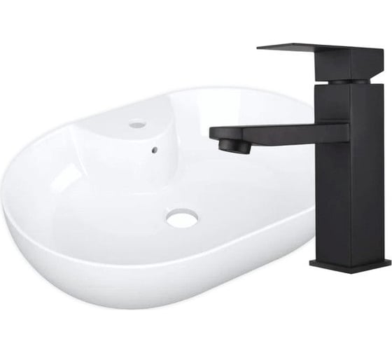 Раковина накладная со смесителем Bauedge BAU Nimb (60x42, с отверстием, белая + смеситель Hotel Black, черный) YBD2490 1