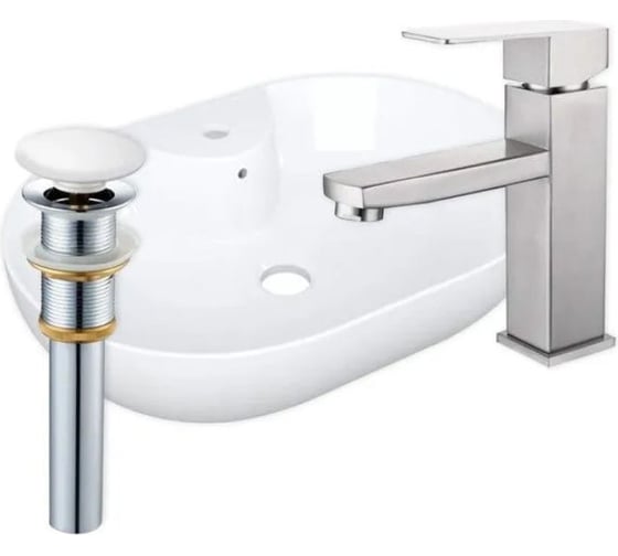 Раковина накладная со смесителем и выпуском Bauedge BAU Nimb (60x42, с отверстием, белая + смеситель Hotel Still, выпуск клик-клак белый) YBD2498 1