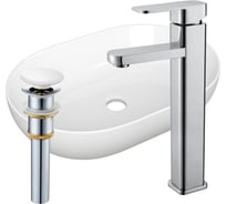 Раковина овальная накладная на столешницу Bauedge BAU Nimb 59x40, белая, смеситель для раковины высокий Hotel Still, выпуск клик клак, белый YBD2442