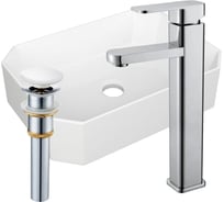 Раковина накладная на столешницу Bauedge BAU Hotel прямоугольная 51x37, белая, смеситель для раковины высокий Hotel Still, выпуск клик клак, белый YBD2434