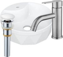 Раковина накладная со смесителем и выпуском Bauedge BAU Element Cristal (D40, с отверстием, белая + смеситель Dream, выпуск клик-клак белый) YBD2472