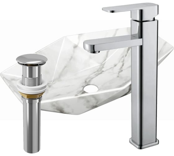 Раковина накладная на столешницу Bauedge BAU Crystal 64x40, мрамор, смеситель для раковины высокий Hotel Still, выпуск клик клак, хром YBD2457