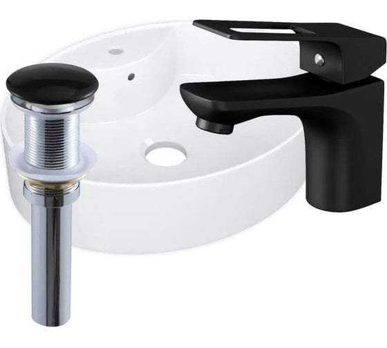 Раковина накладная со смесителем и выпуском Bauedge BAU Nimb (51x41, с отверстием, белая + смеситель Cerama Black, выпуск клик-клак черный) YBD2485 1