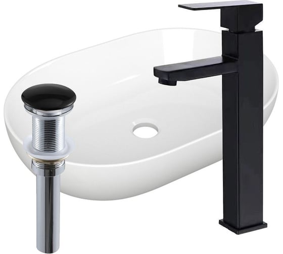 Раковина овальная накладная на столешницу Bauedge BAU Nimb 59x40, белая, смеситель для раковины высокий Hotel Black, черный, выпуск клик клак, черный YBD2440 1