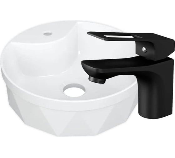 Раковина накладная со смесителем Bauedge BAU Element Cristal (D40, с отверстием, белая + смеситель Cerama Black, черный) YBD2463 1