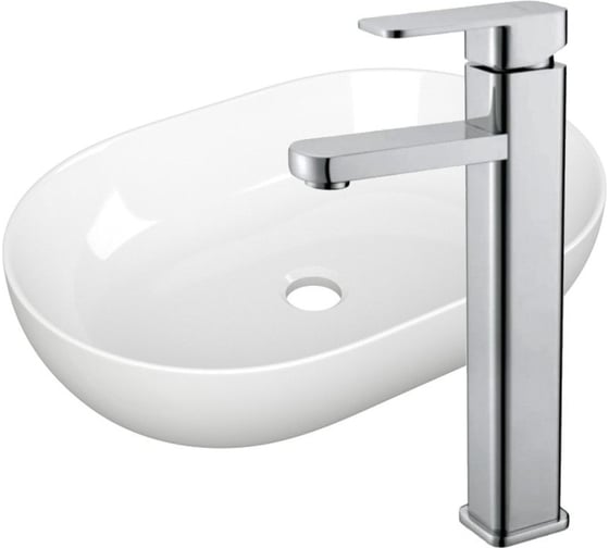 Раковина овальная накладная на столешницу Bauedge BAU Nimb 48x34, белая, смеситель для раковины высокий Hotel Still, нержавеющая сталь YBD2447 1