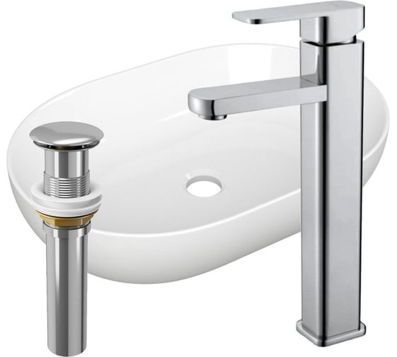 Раковина овальная накладная на столешницу Bauedge BAU Nimb 59x40, белая, смеситель для раковины высокий Hotel Still, выпуск клик клак, хром YBD2441 1