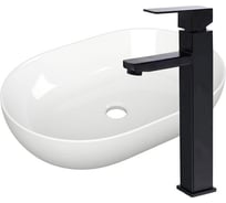 Раковина овальная накладная на столешницу Bauedge BAU Nimb 48x34, белая, смеситель для раковины высокий Hotel Black, черный YBD2446