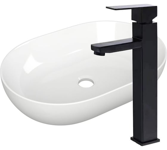 Раковина овальная накладная на столешницу Bauedge BAU Nimb 48x34, белая, смеситель для раковины высокий Hotel Black, черный YBD2446 1