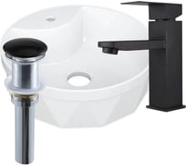 Раковина накладная со смесителем и выпуском Bauedge BAU Element Cristal (D40, с отверстием, белая + смеситель Hotel Black, выпуск клик-клак черный) YBD2469