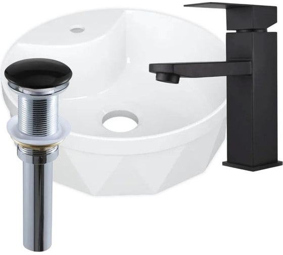 Раковина накладная со смесителем и выпуском Bauedge BAU Element Cristal (D40, с отверстием, белая + смеситель Hotel Black, выпуск клик-клак черный) YBD2469 1