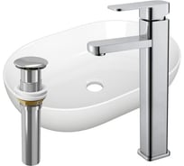 Раковина овальная накладная на столешницу Bauedge BAU Nimb 48x34, белая, смеситель для раковины высокий Hotel Still, выпуск клик клак, хром YBD2449