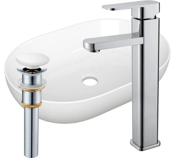 Раковина овальная накладная на столешницу Bauedge BAU Nimb 48x34, белая, смеситель для раковины высокий Hotel Still, выпуск клик клак, белый YBD2450 1