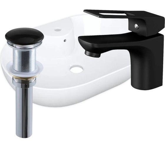 Раковина накладная со смесителем и выпуском Bauedge BAU Nimb (60x42, с отверстием, белая + смеситель Cerama Black, выпуск клик-клак черный) YBD2500 1