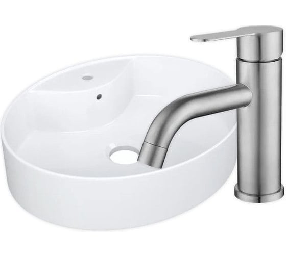 Раковина накладная со смесителем Bauedge BAU Nimb (51x41, с отверстием, белая + смеситель Dream, нержавеющая сталь) YBD2476 1