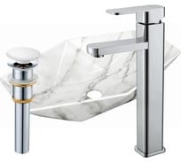 Раковина накладная на столешницу Bauedge BAU Crystal 64x40, мрамор, смеситель для раковины высокий Hotel Still, выпуск клик клак, белый YBD2458