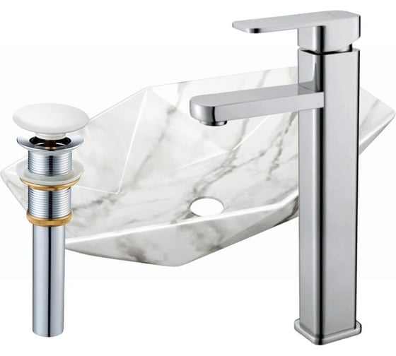 Раковина накладная на столешницу Bauedge BAU Crystal 64x40, мрамор, смеситель для раковины высокий Hotel Still, выпуск клик клак, белый YBD2458 1