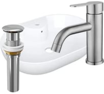 Раковина накладная со смесителем и выпуском Bauedge BAU Nimb (60x42, с отверстием, белая + смеситель Dream, нерж. сталь, выпуск клик-клак хром) YBD2501