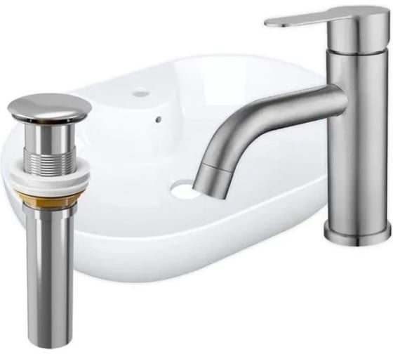 Раковина накладная со смесителем и выпуском Bauedge BAU Nimb (60x42, с отверстием, белая + смеситель Dream, нерж. сталь, выпуск клик-клак хром) YBD2501 1