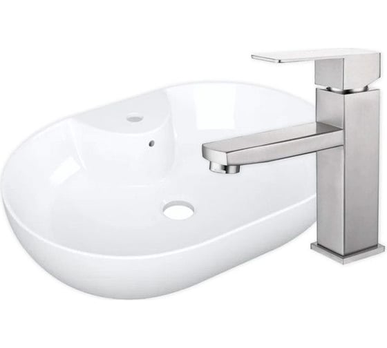 Раковина накладная со смесителем Bauedge BAU Nimb (60x42, с отверстием, белая + смеситель Hotel Still, нержавеющая сталь) YBD2489 1