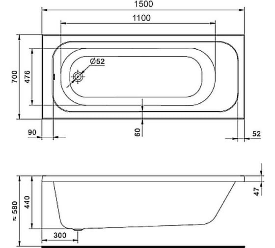 Акриловая прямоугольная ванна Santek Ламма NEW 150х70 см 1.WH50.1.746 00000125995