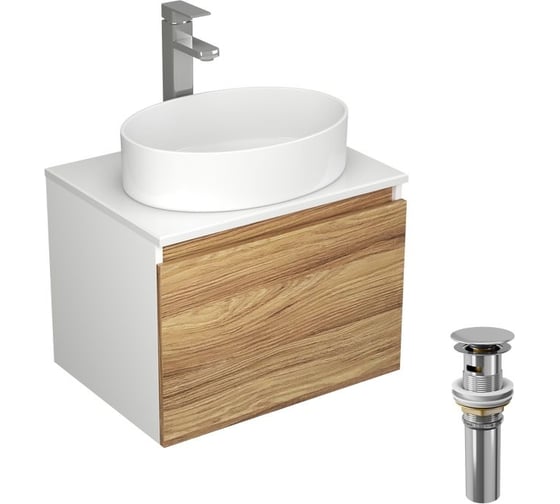 Комплект для ванной, 4 предмета Bauedge (Тумба Bau Dream Blackwood 60, раковина BAU Nimb 50x36, смеситель для раковины Potato Hotel, выпуск клик клак, хром) BD1384 1
